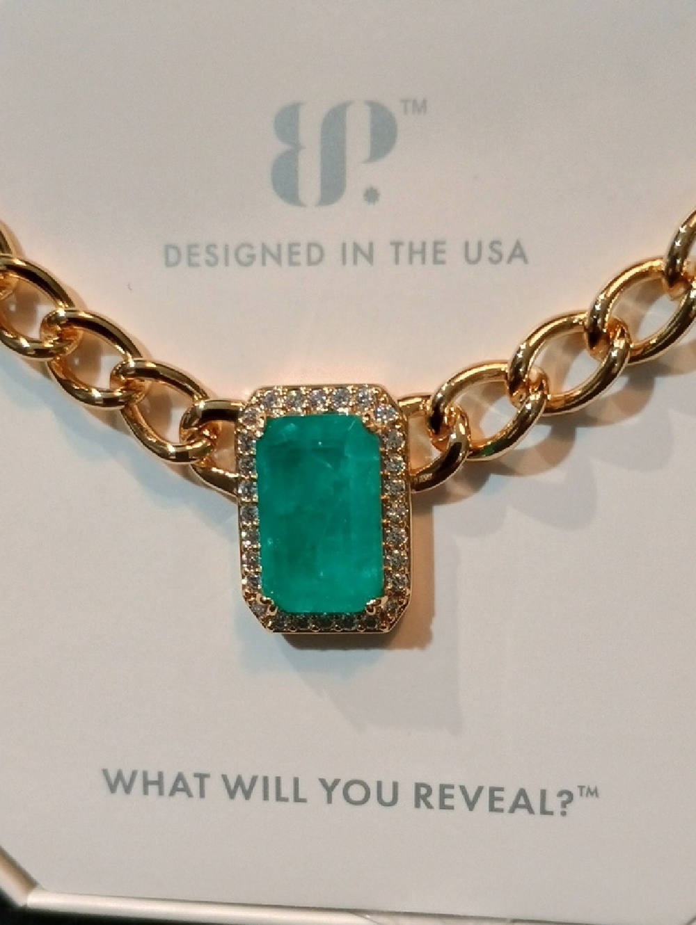 bp Gold Chain Necklace with Teal Crystal Pendant